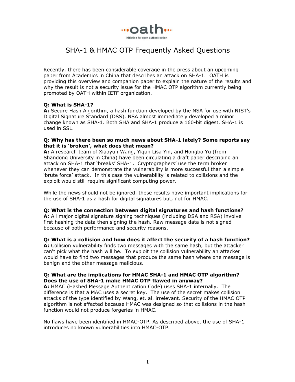 SHA-1 & HMAC OTP Frequently Asked Questions