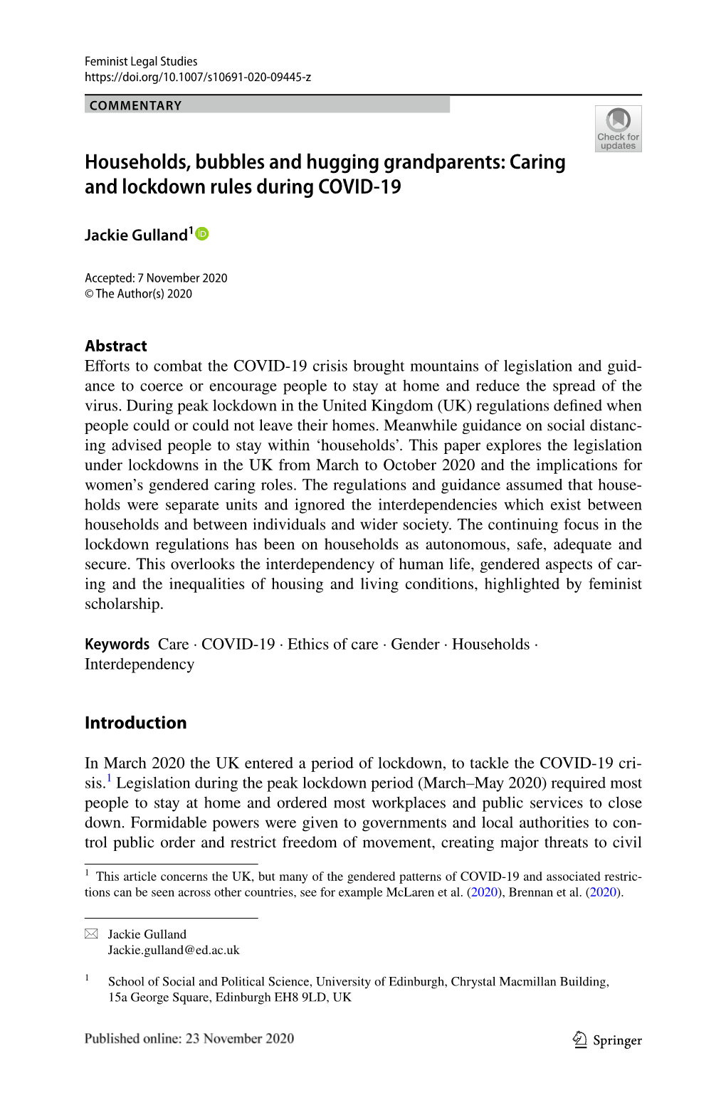 Households, Bubbles and Hugging Grandparents: Caring and Lockdown Rules During COVID‑19