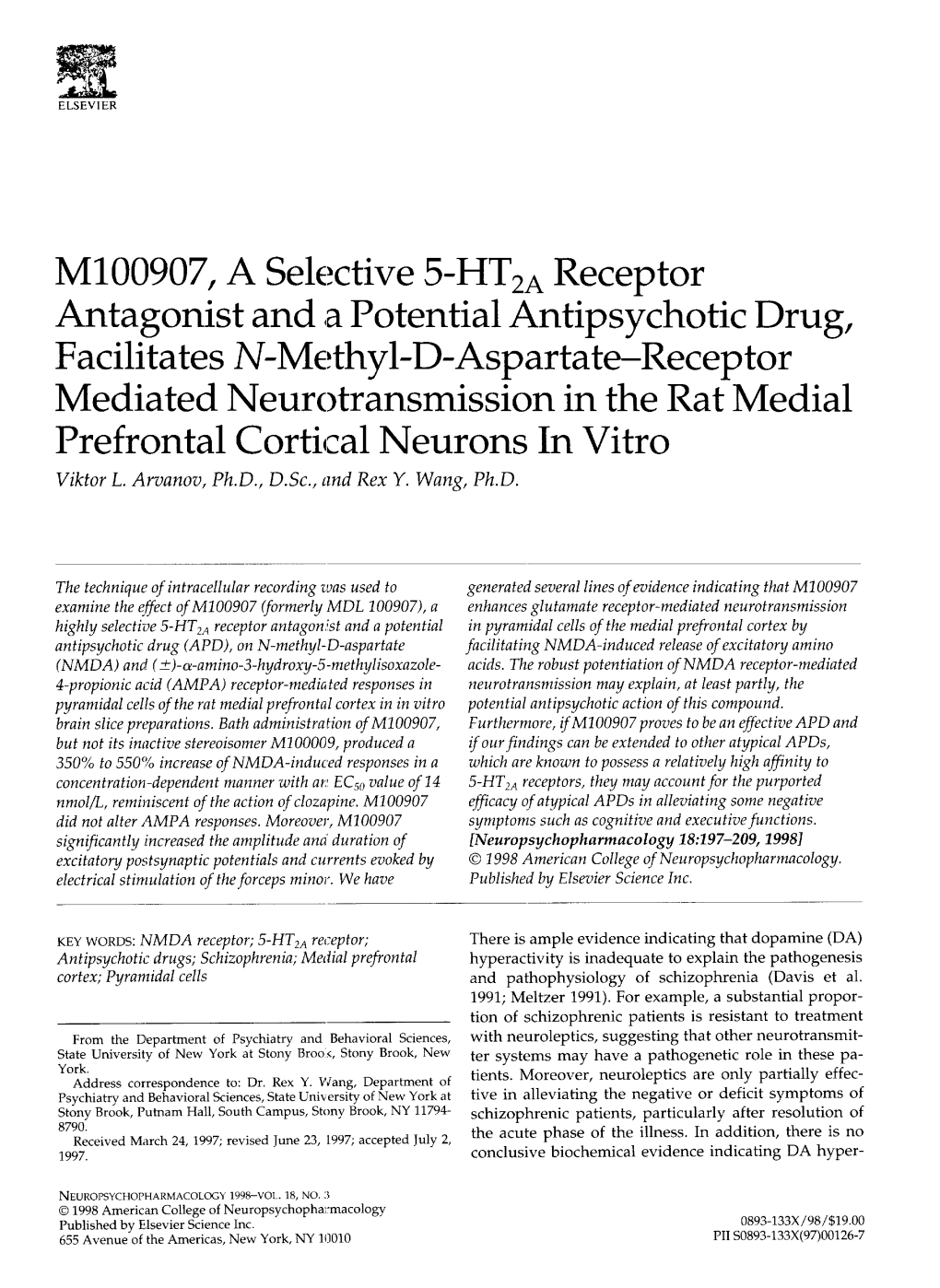 M100907, a Selective 5-HT2A Receptor Antagonist and a Potential Antipsychotic Drug, Facilitates N-Methyl-D-Aspartate-Receptor Me