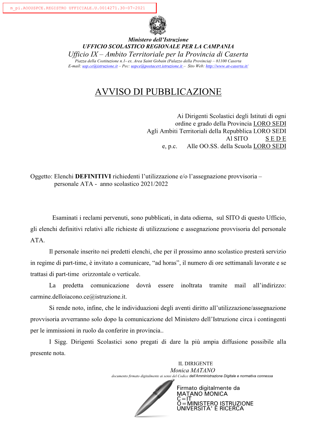 Ufficio IX – Ambito Territoriale Per La Provincia Di Caserta Piazza Della Costituzione N.1- Ex