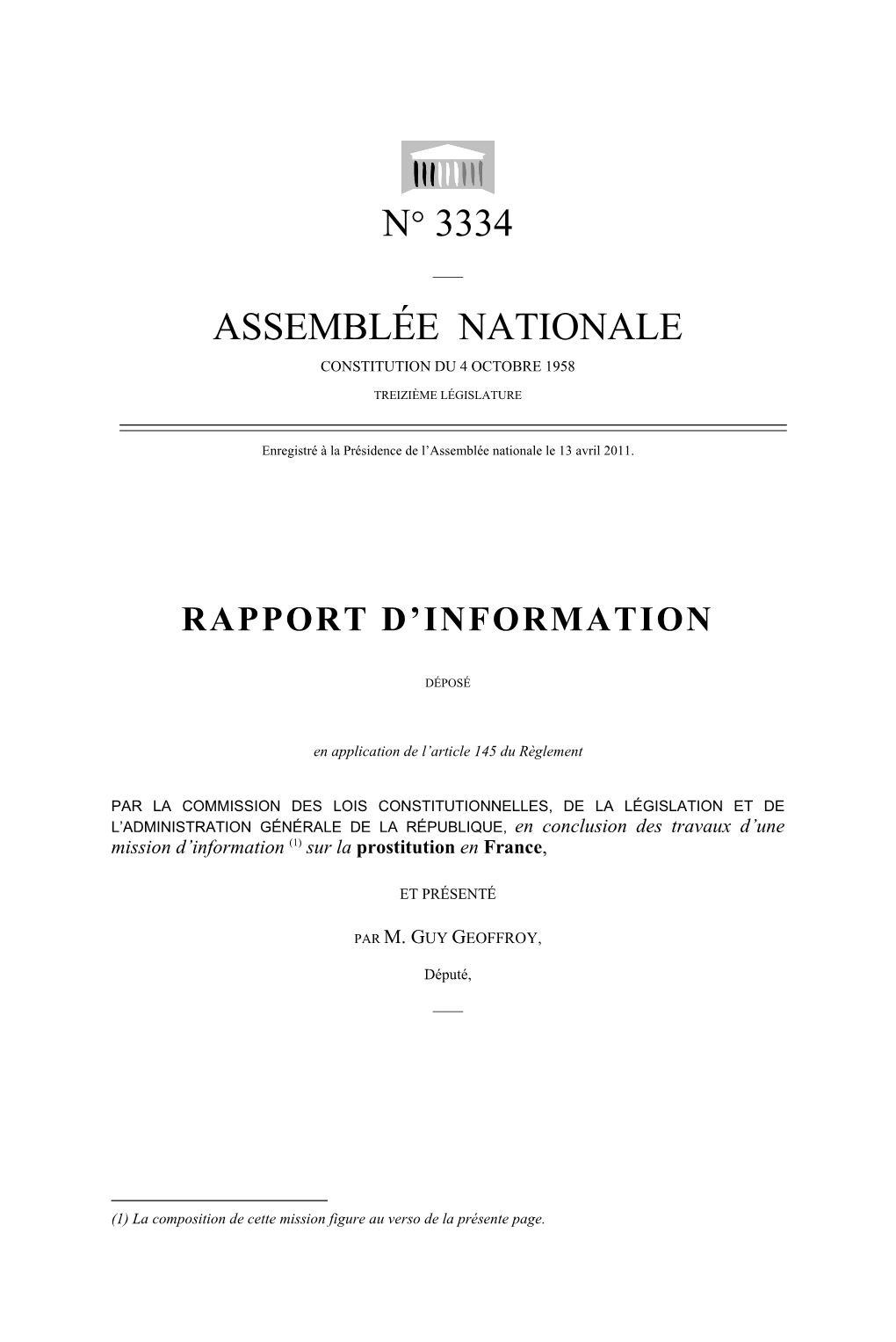 RAPPORT D'information Sur La Prostitution En France