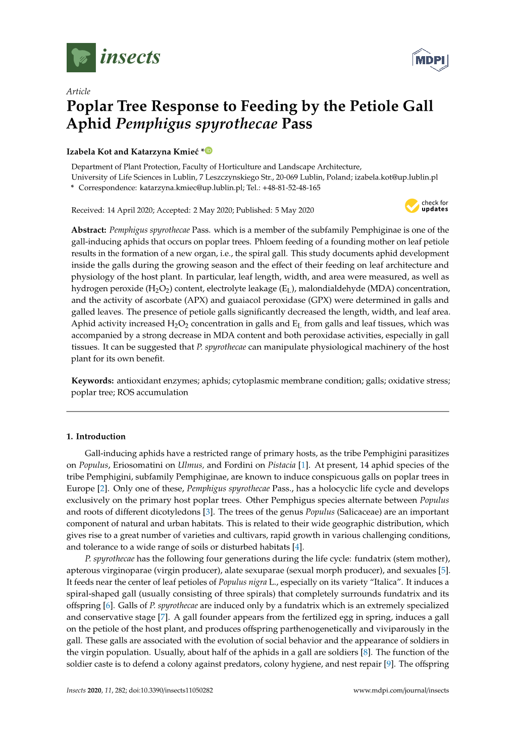 Poplar Tree Response to Feeding by the Petiole Gall Aphid Pemphigus Spyrothecae Pass