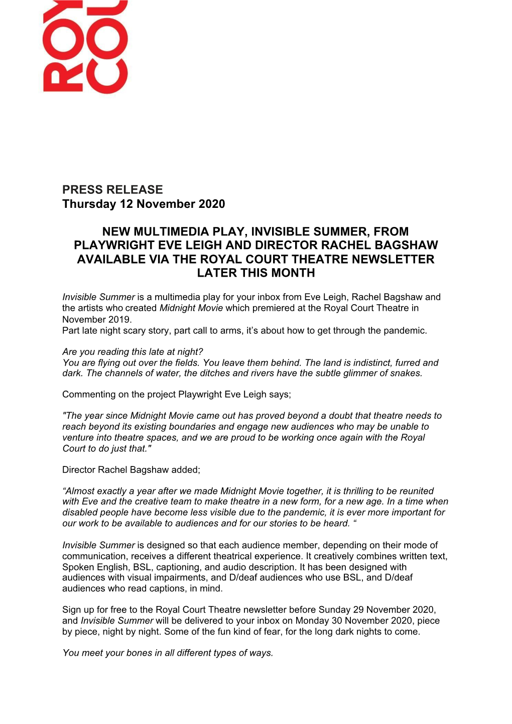 PRESS RELEASE Thursday 12 November 2020 NEW MULTIMEDIA PLAY, INVISIBLE SUMMER, from PLAYWRIGHT EVE LEIGH and DIRECTOR RACHEL