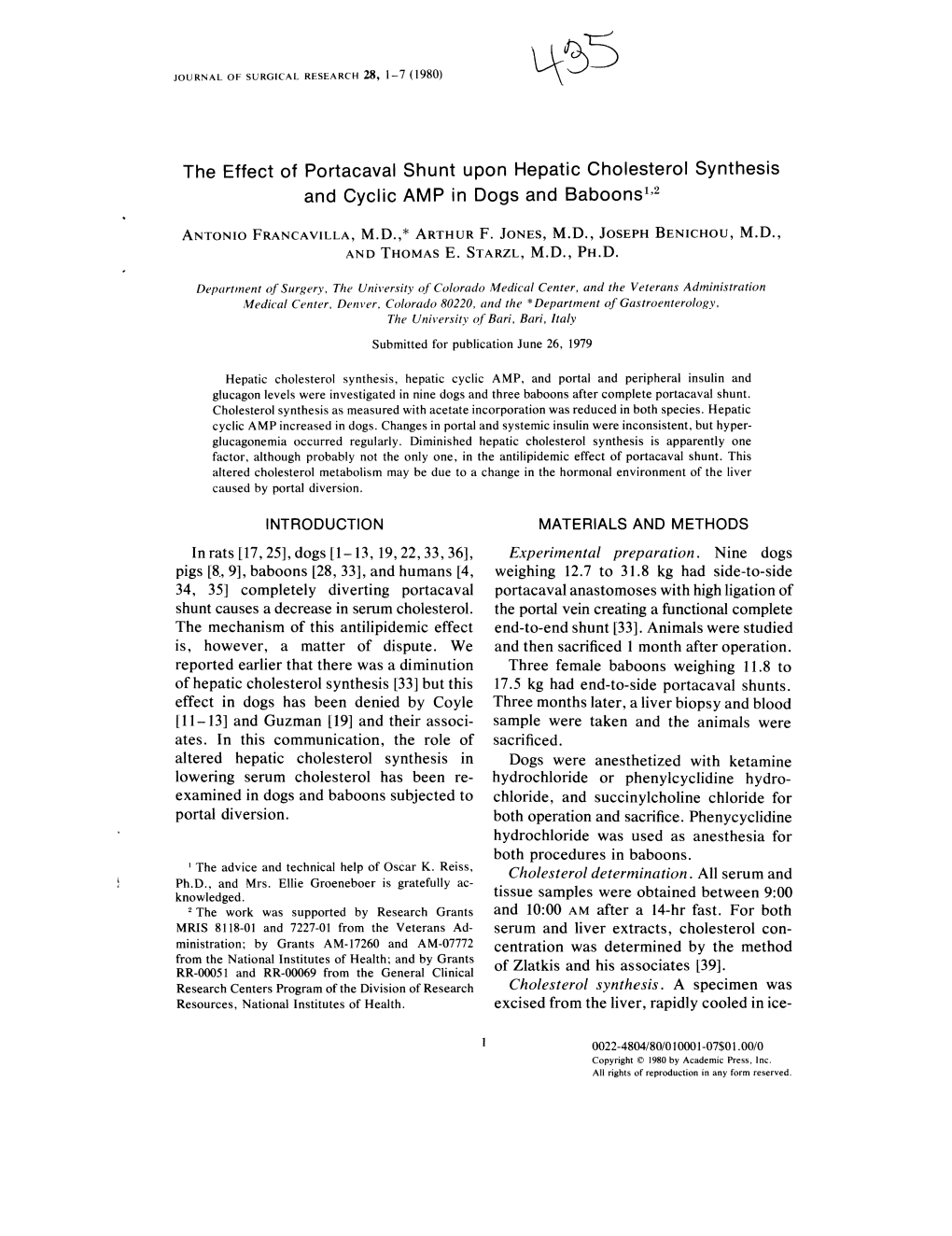 The Effect of Portacaval Shunt Upon Hepatic Cholesterol Synthesis and Cyclic AMP in Dogs and Baboons1,2