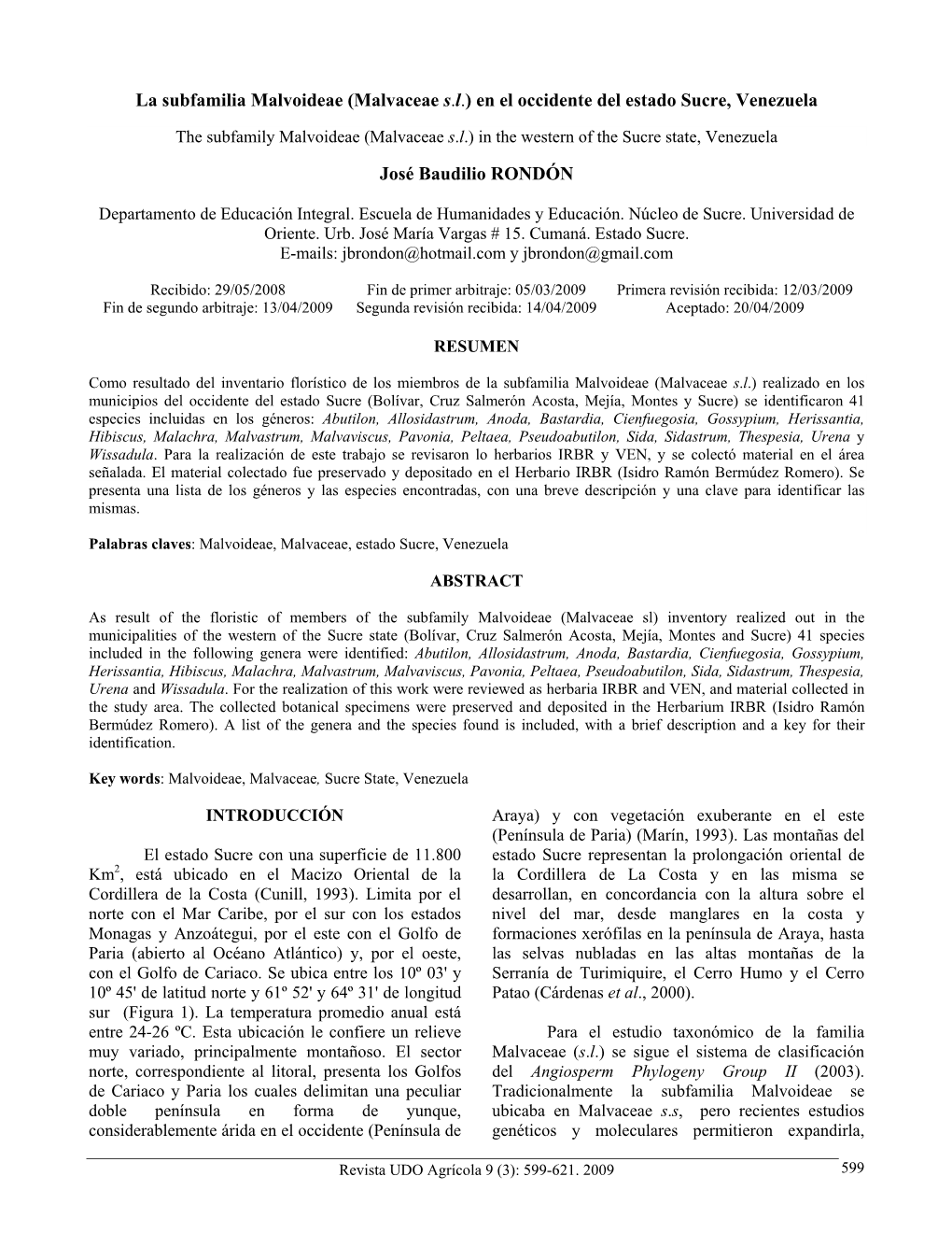 La Subfamilia Malvoideae (Malvaceae S.L.) En El Occidente Del Estado Sucre, Venezuela