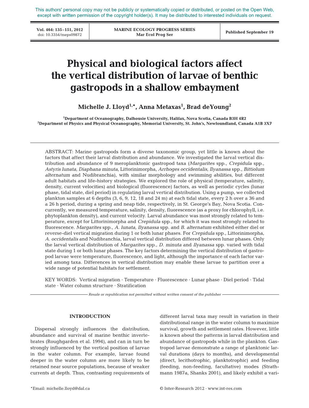 Physical and Biological Factors Affect the Vertical Distribution of Larvae of Benthic Gastropods in a Shallow Embayment