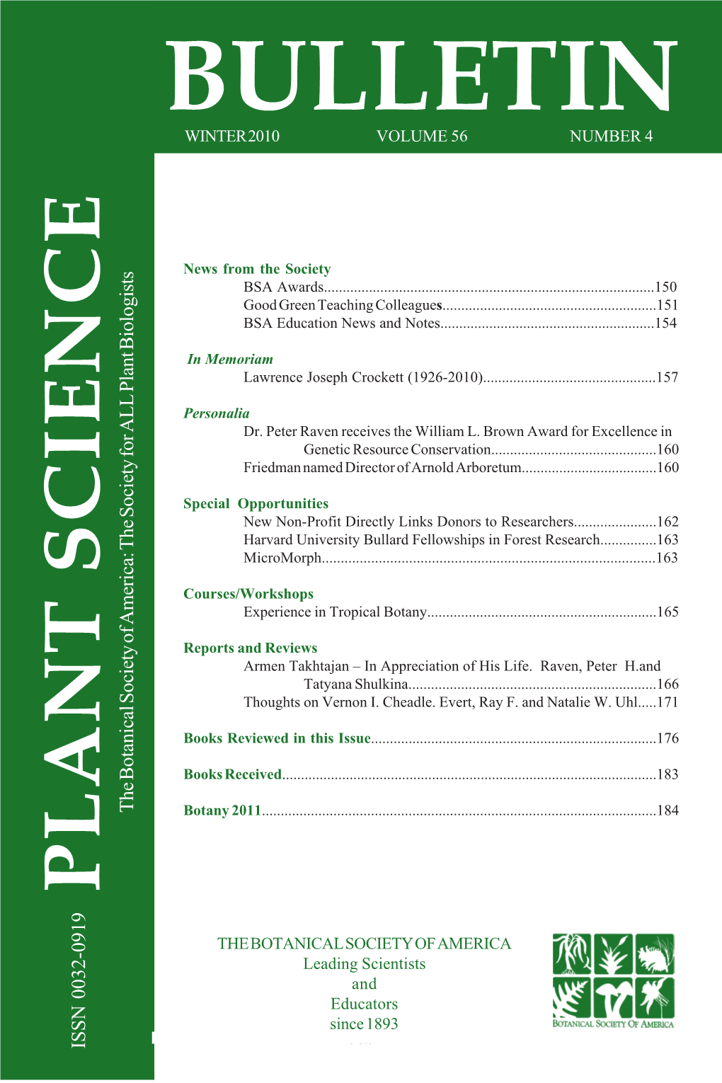 Bulletinplant Science Bulletin 56(4) 2010 WINTER 2010 VOLUME 56 NUMBER 4