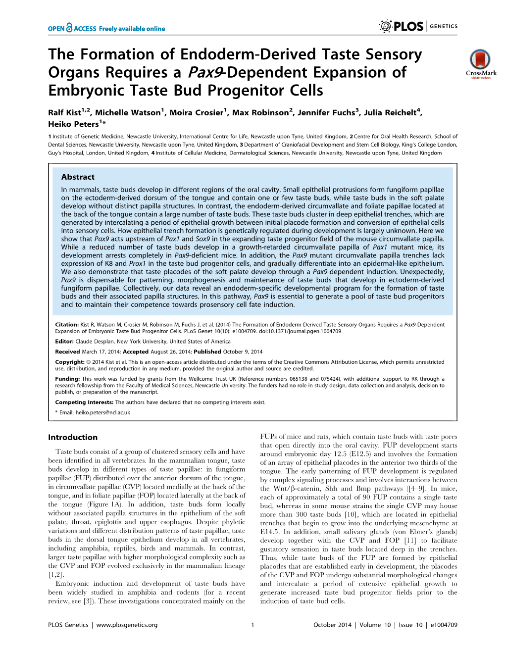 The Formation of Endoderm-Derived Taste Sensory Organs Requires a Pax9-Dependent Expansion of Embryonic Taste Bud Progenitor Cells