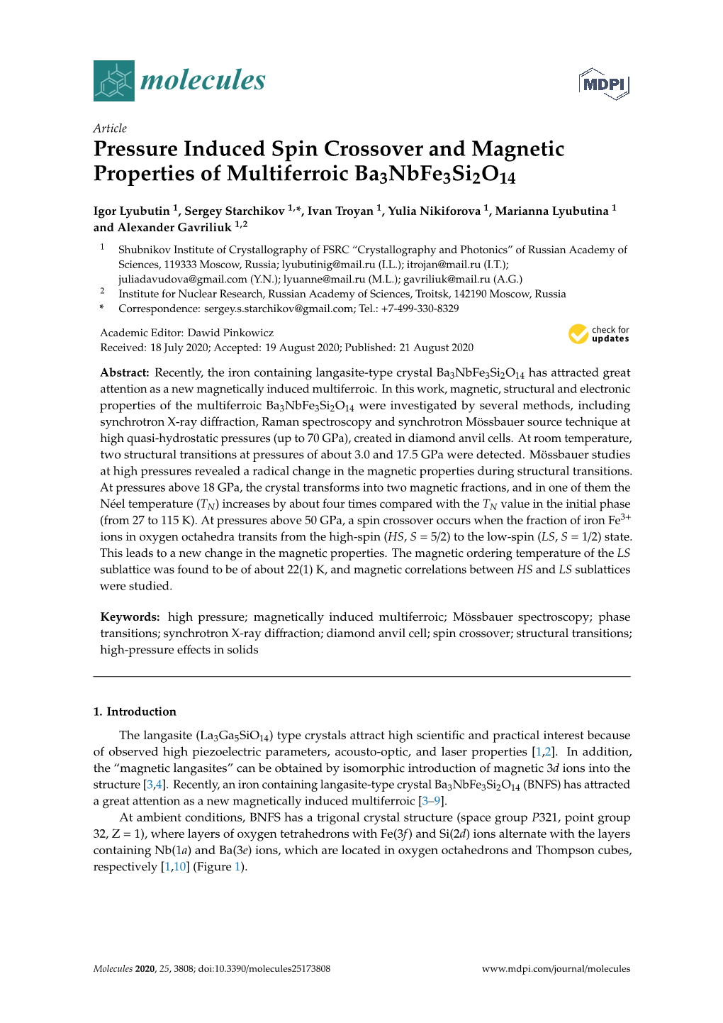 Pressure Induced Spin Crossover and Magnetic Properties of Multiferroic Ba3nbfe3si2o14