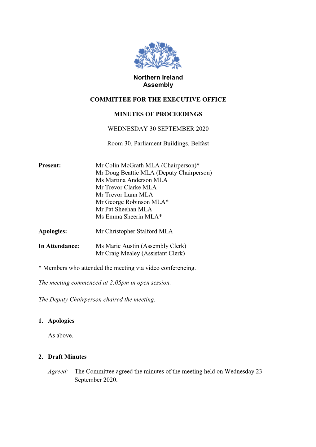 Northern Ireland Assembly COMMITTEE for the EXECUTIVE OFFICE MINUTES of PROCEEDINGS WEDNESDAY 30 SEPTEMBER 2020 Room 30, Parliam