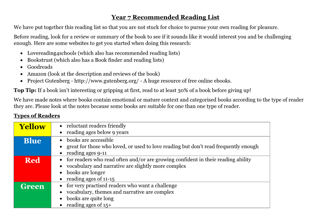 Year 7 Recommended Reading List We Have Put Together This Reading List So That You Are Not Stuck for Choice to Pursue Your Own Reading for Pleasure