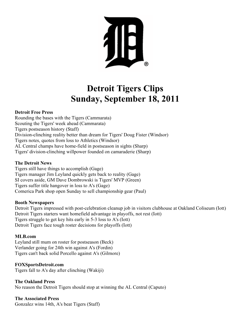 Detroit Tigers Clips Sunday, September 18, 2011