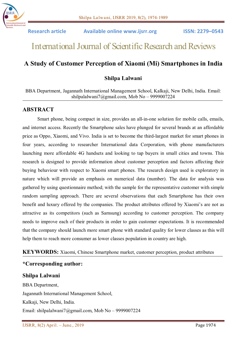 A Study of Customer Perception of Xiaomi (Mi) Smartphones in India