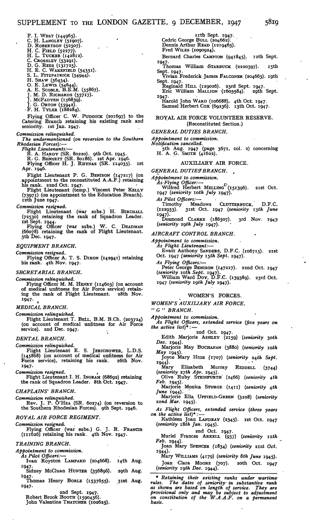 Supplement to the London Gazette, 9 December, 1947