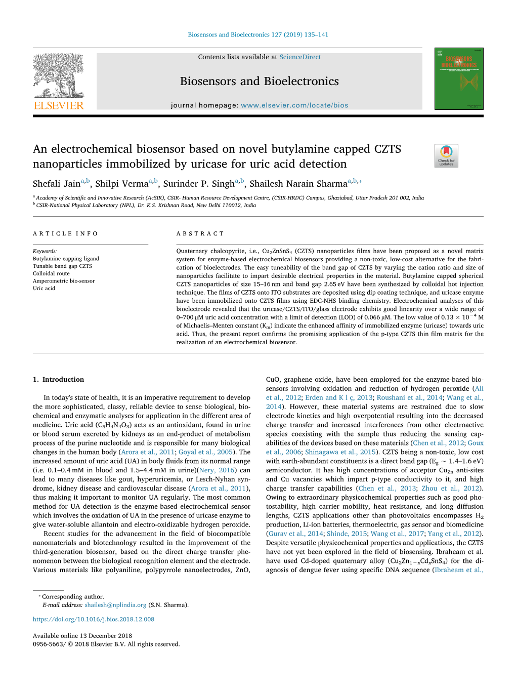 Biosensors and Bioelectronics an Electrochemical Biosensor Based