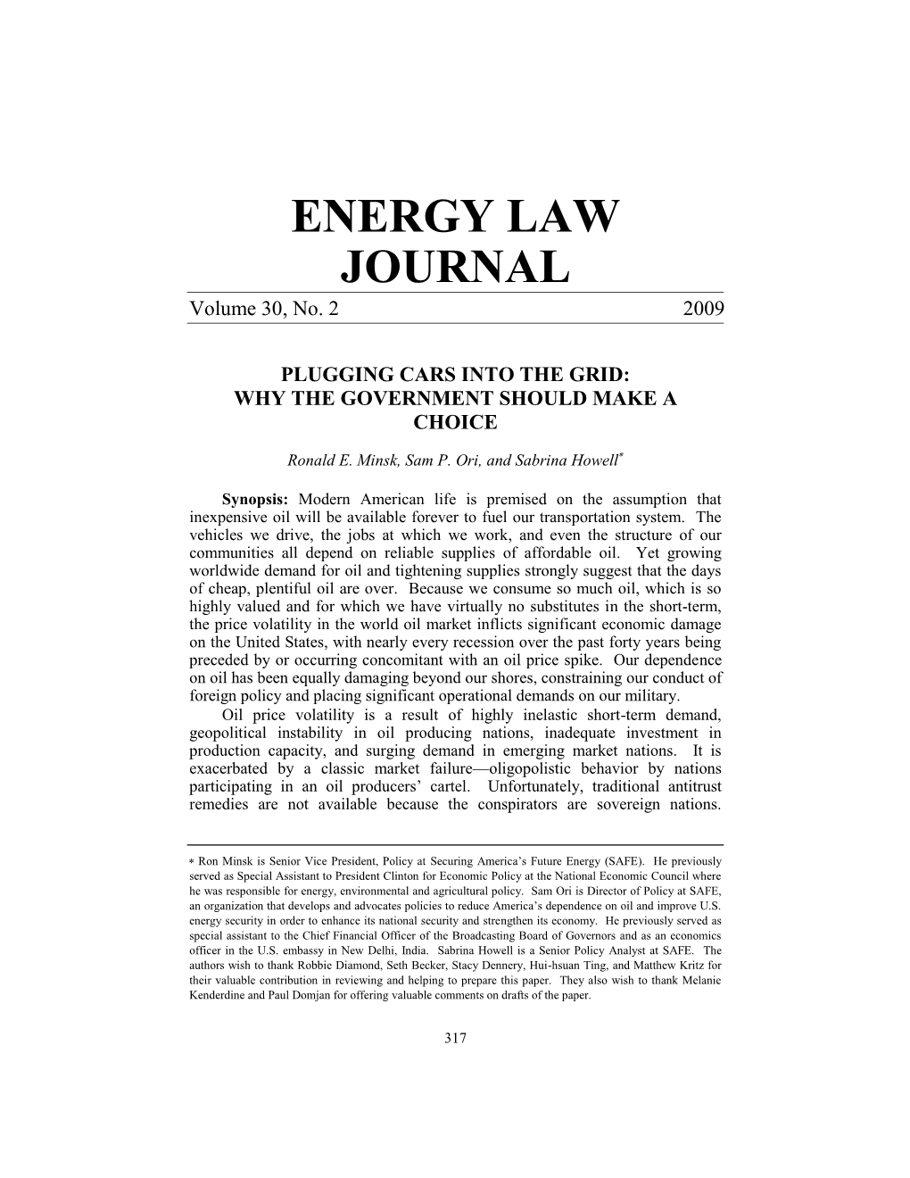 ENERGY LAW JOURNAL Volume 30, No