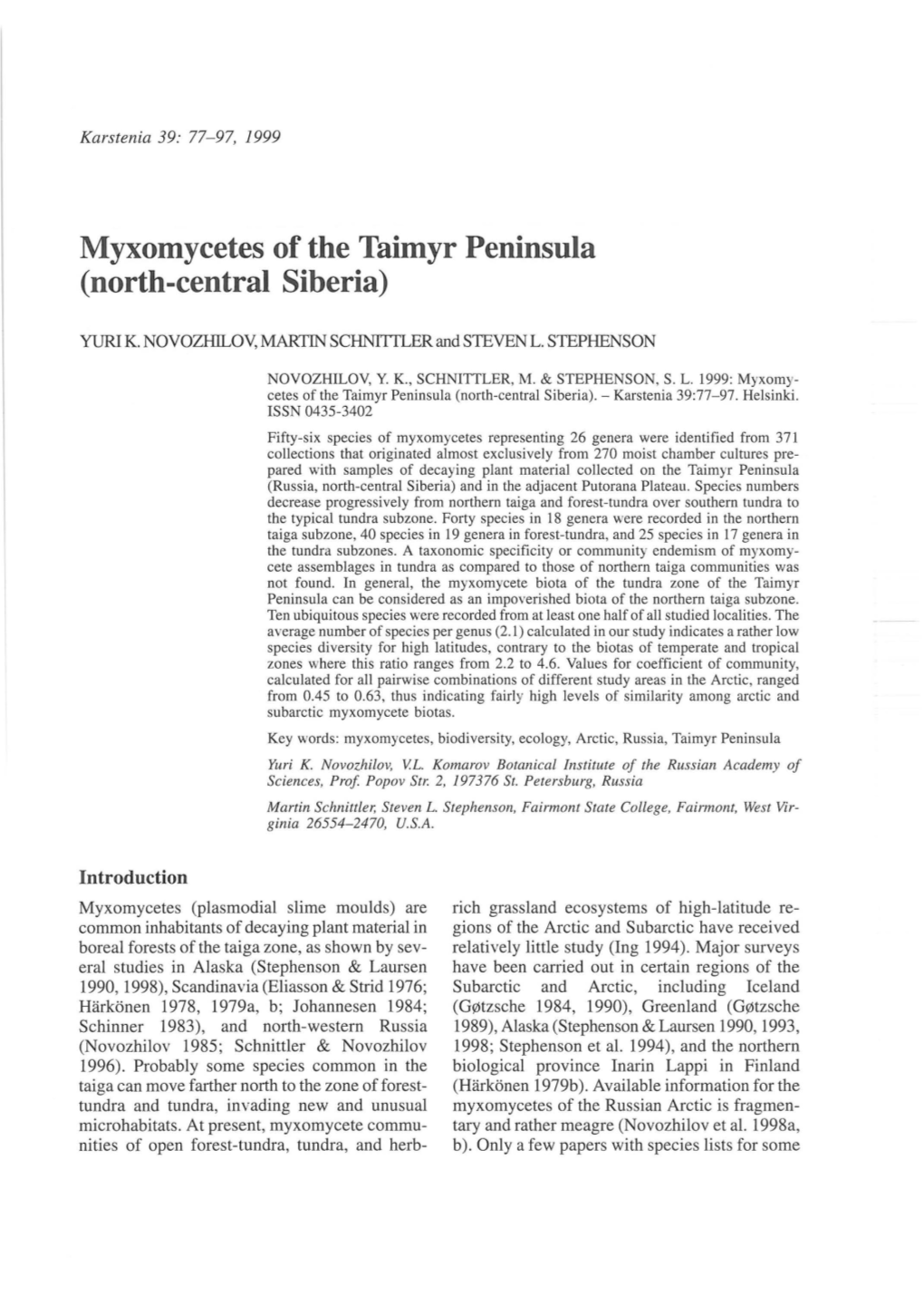 Myxomycetes of the Taimyr Peninsula (North-Central Siberia)