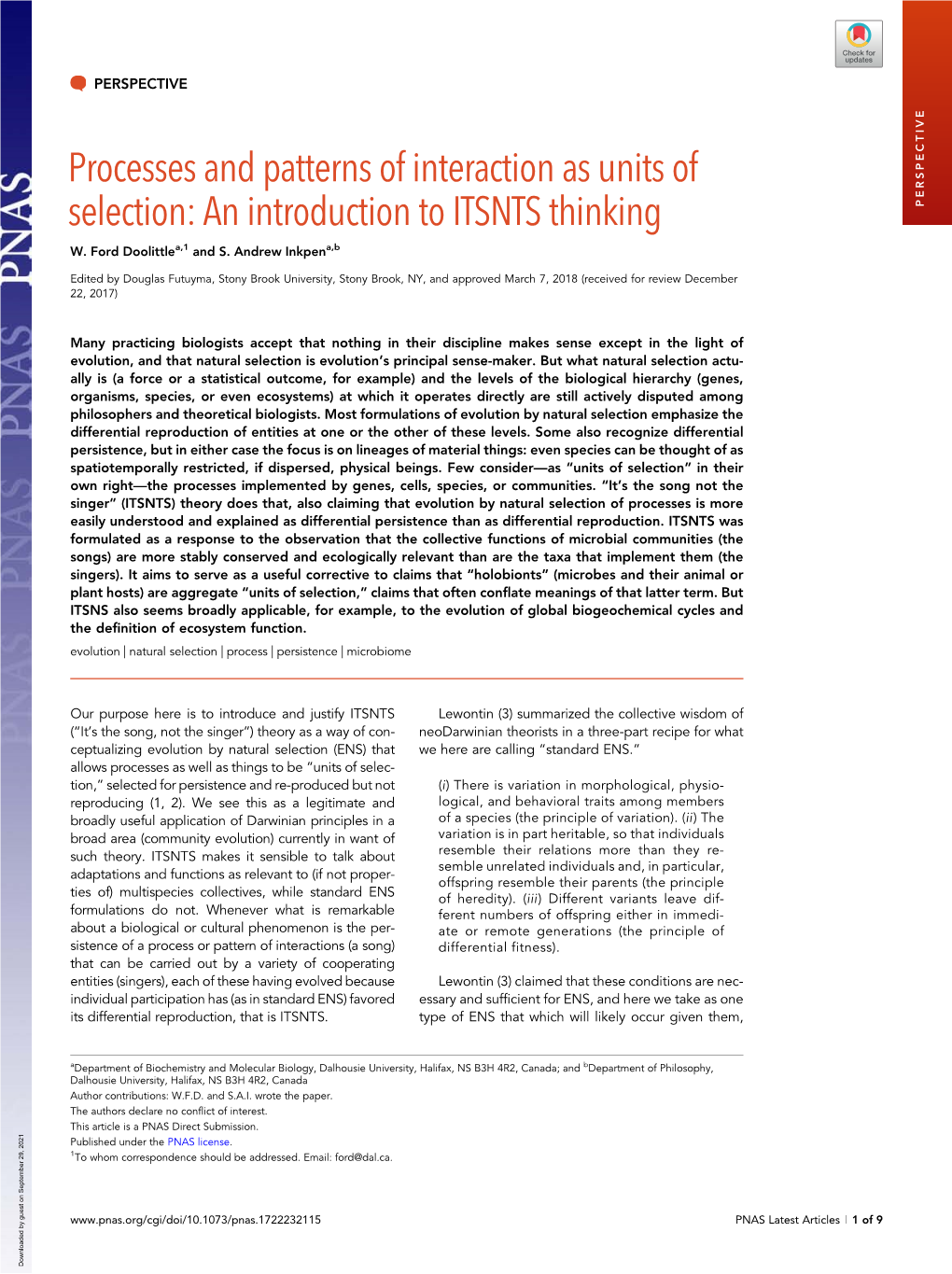 Processes and Patterns of Interaction As Units of Selection: an Introduction to ITSNTS Thinking PERSPECTIVE W