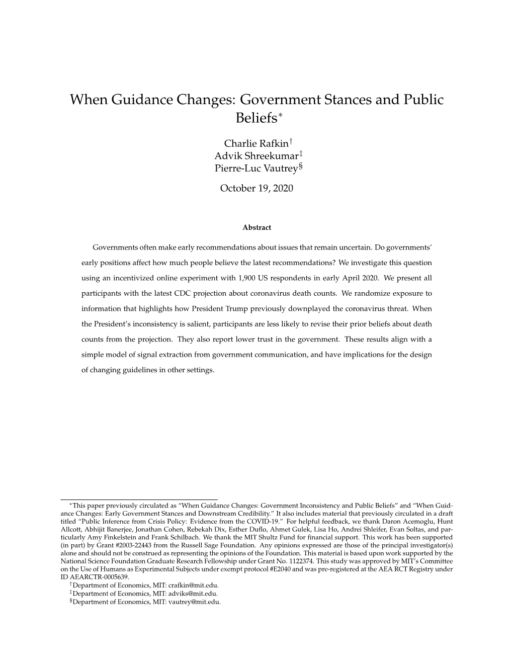 When Guidance Changes: Government Stances and Public Beliefs∗