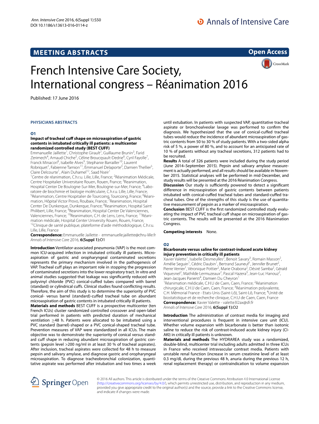 French Intensive Care Society, International Congress – Réanimation 2016 Published: 17 June 2016