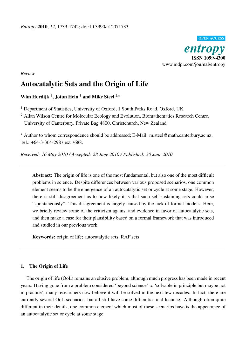 Autocatalytic Sets and the Origin of Life