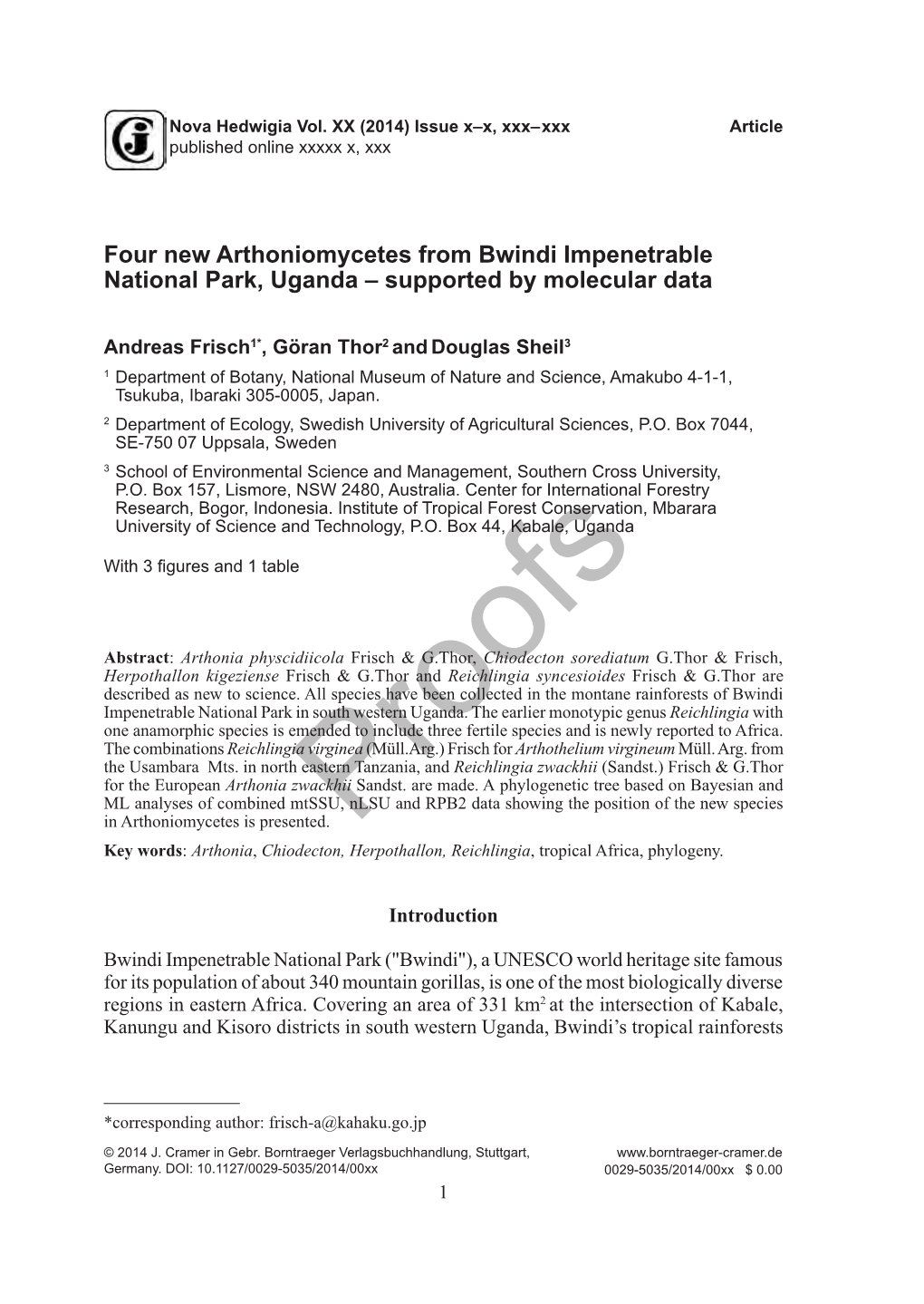 Four New Arthoniomycetes from Bwindi Impenetrable National Park, Uganda – Supported by Molecular Data