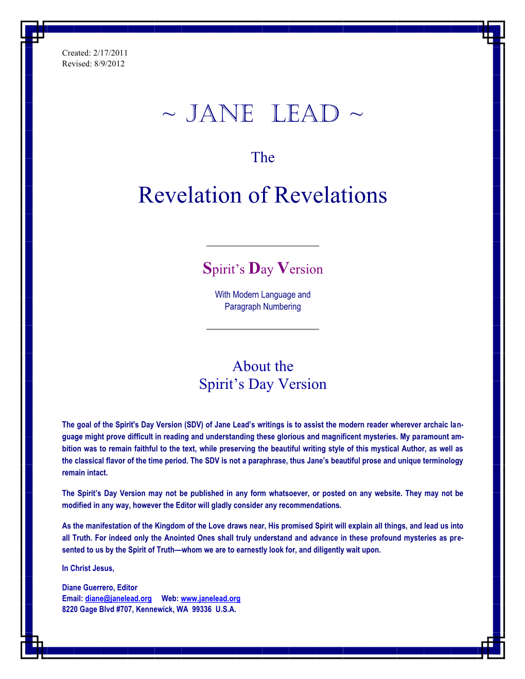 Jane Lead's Revelation of Revelations, 1701 Edition