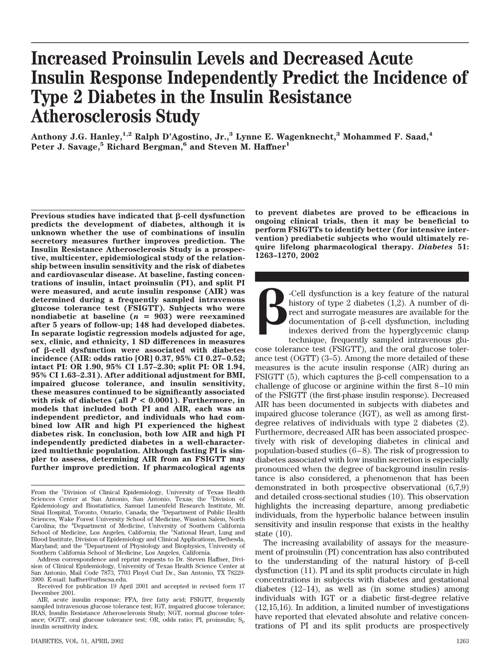 Increased Proinsulin Levels and Decreased Acute Insulin Response Independently Predict the Incidence of Type 2 Diabetes in the I