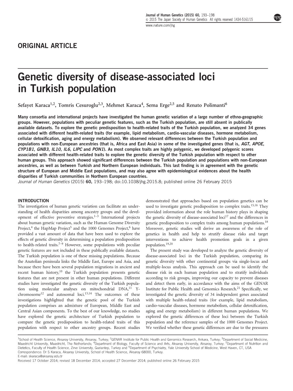 Genetic Diversity of Disease-Associated Loci in Turkish Population