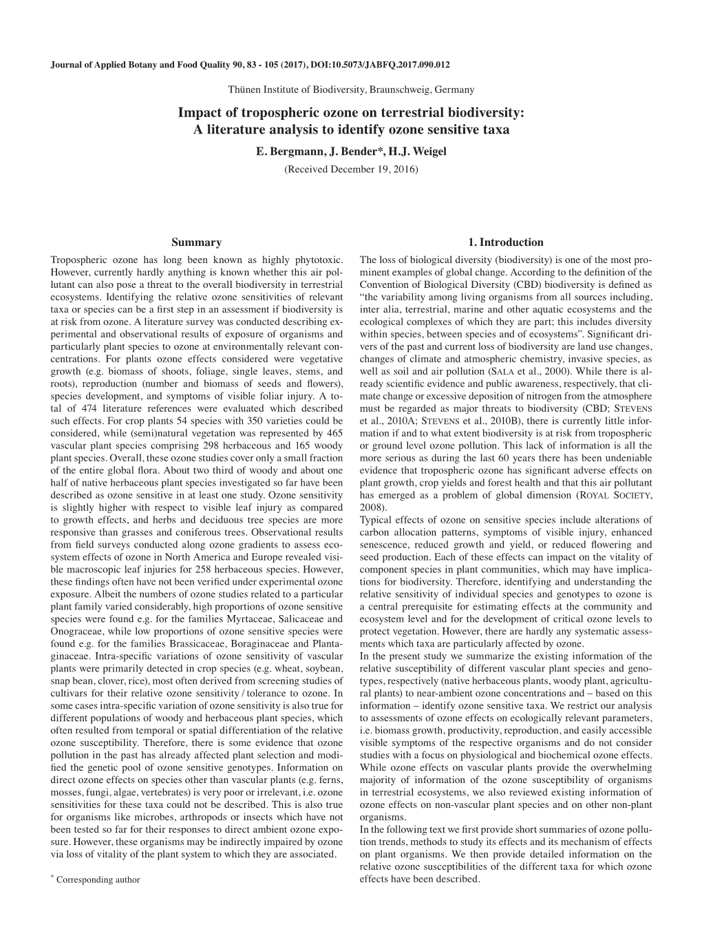 Impact of Tropospheric Ozone on Terrestrial Biodiversity: a Literature Analysis to Identify Ozone Sensitive Taxa E