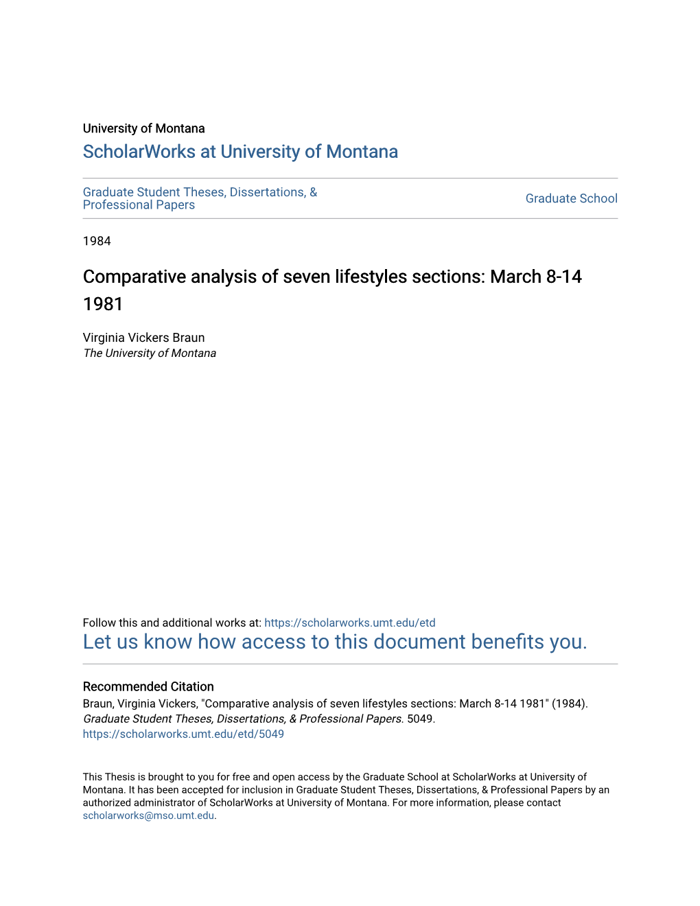 Comparative Analysis of Seven Lifestyles Sections: March 8-14 1981