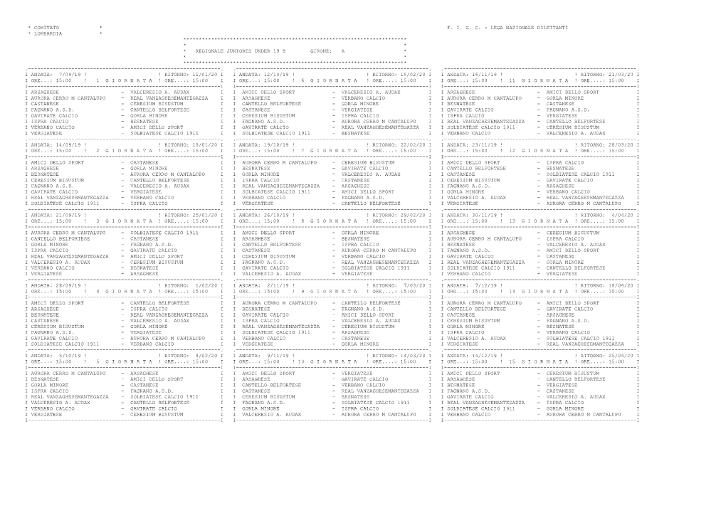 Calendario Juniores Regionale Under 19