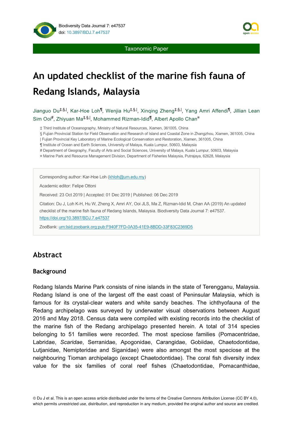 An Updated Checklist of the Marine Fish Fauna of Redang Islands, Malaysia