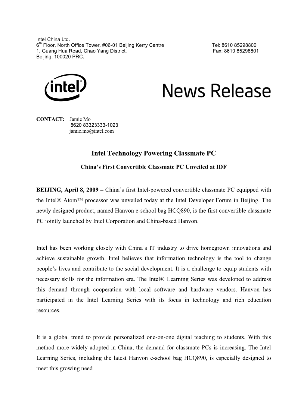 Intel Technology Powering Classmate PC