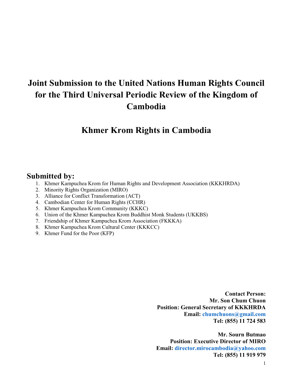 Joint Submission to the United Nations Human Rights Council for the Third Universal Periodic Review of the Kingdom of Cambodia