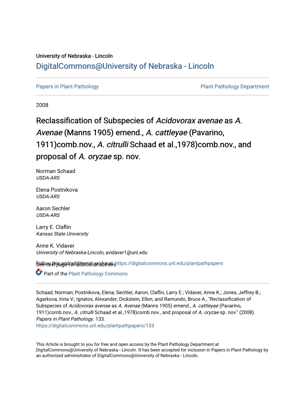 Reclassification of Subspecies of Acidovorax Avenae As A. Avenae (Manns 1905) Emend., A