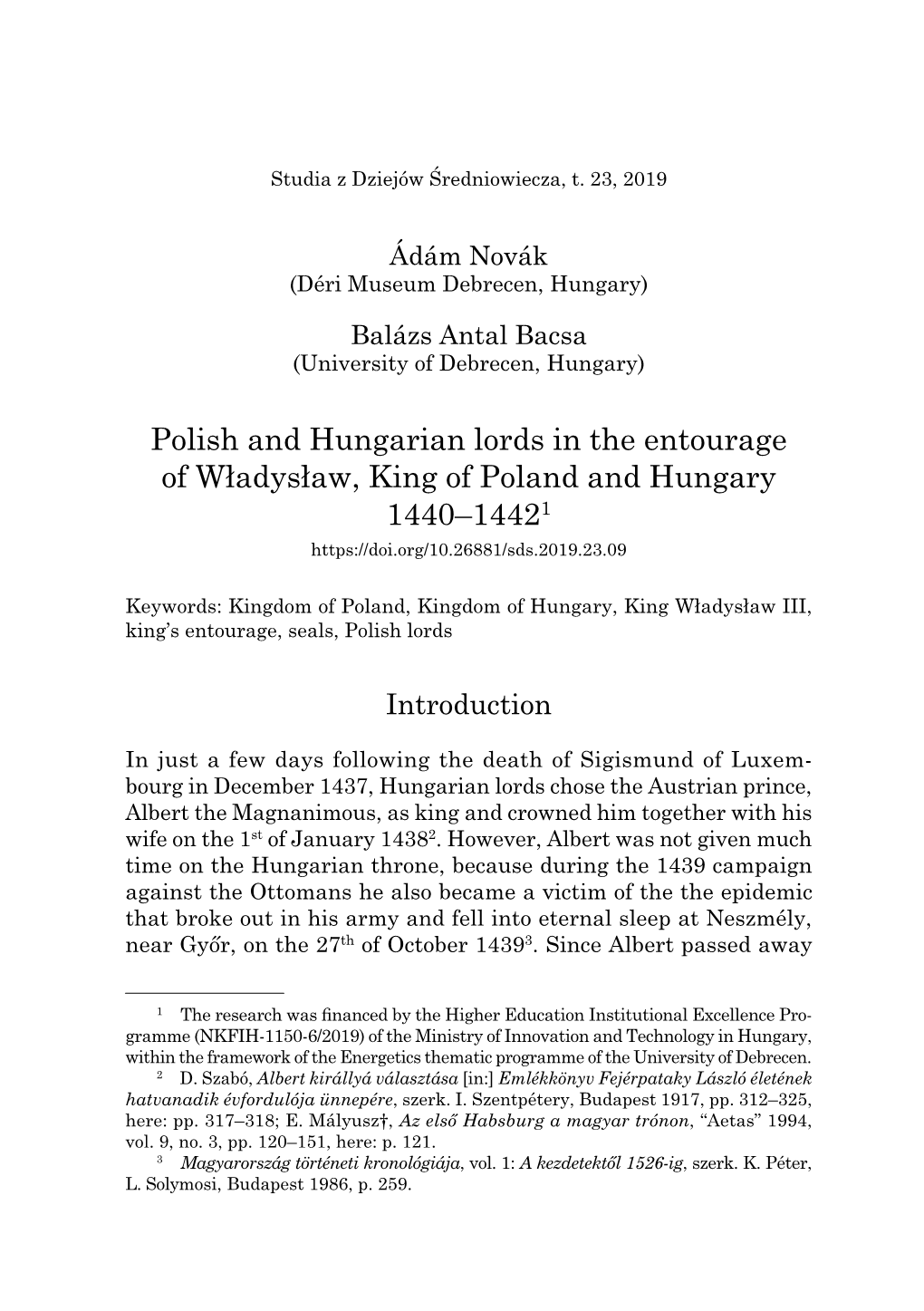 Polish and Hungarian Lords in the Entourage of Władysław, King of Poland and Hungary 1440–14421