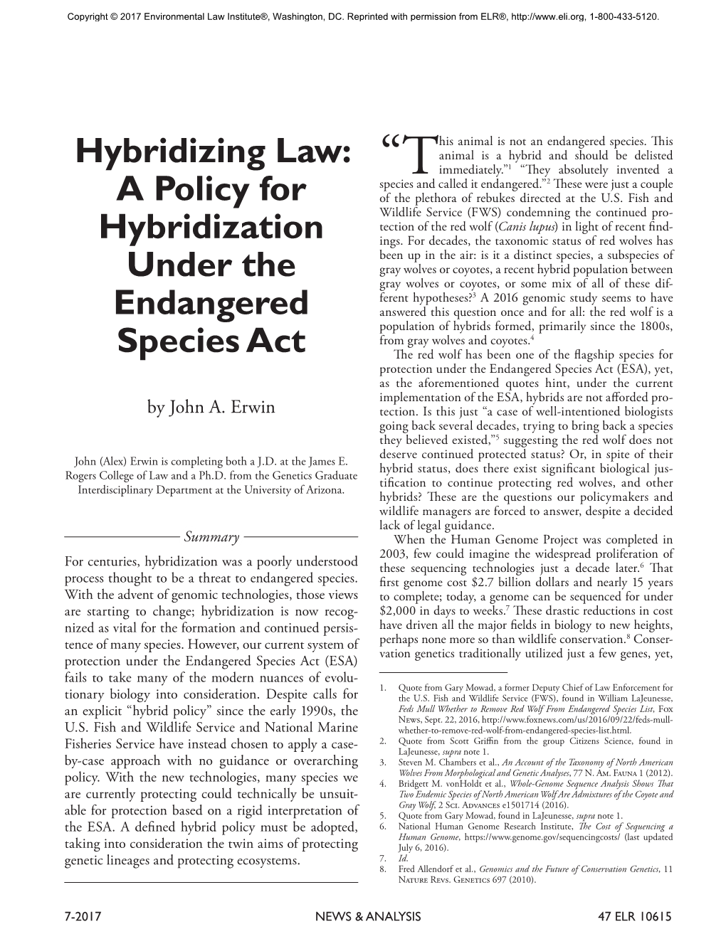 A Policy for Hybridization Under the Endangered Species