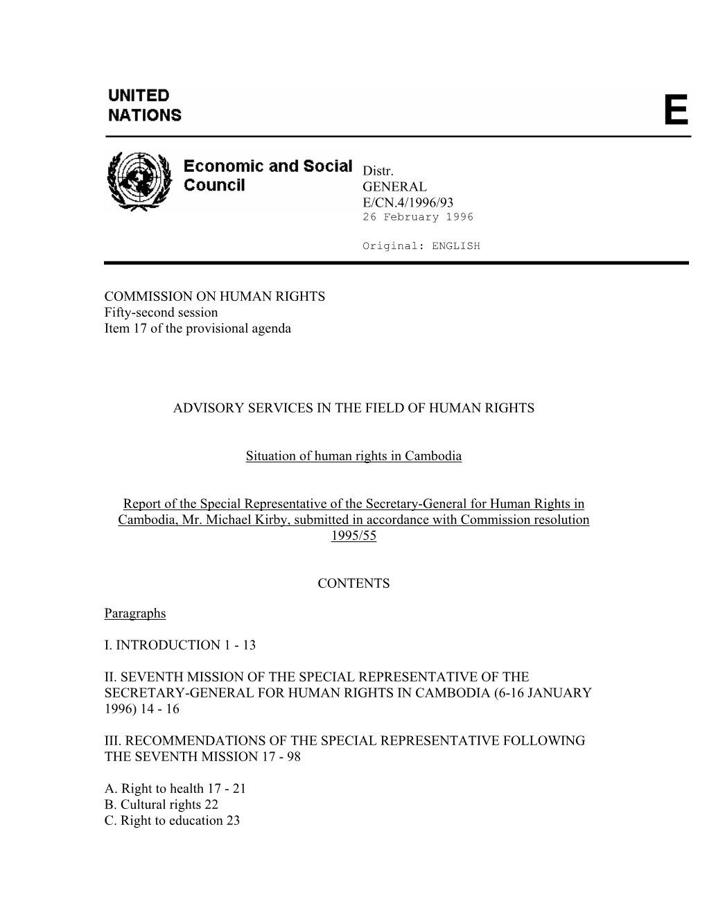 Report of the Special Representative of the Secretary-General for Human Rights in Cambodia, Mr