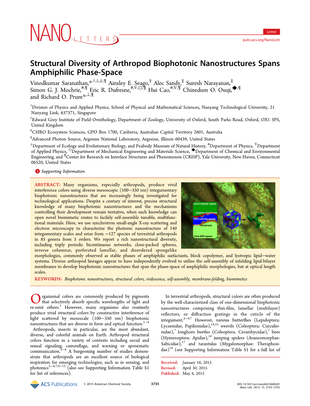 Structural Diversity of Arthropod Biophotonic Nanostructures Spans Amphiphilic Phase-Space † ‡ ⊥ ¶ § ∥ ∥ Vinodkumar Saranathan,*, , , , Ainsley E