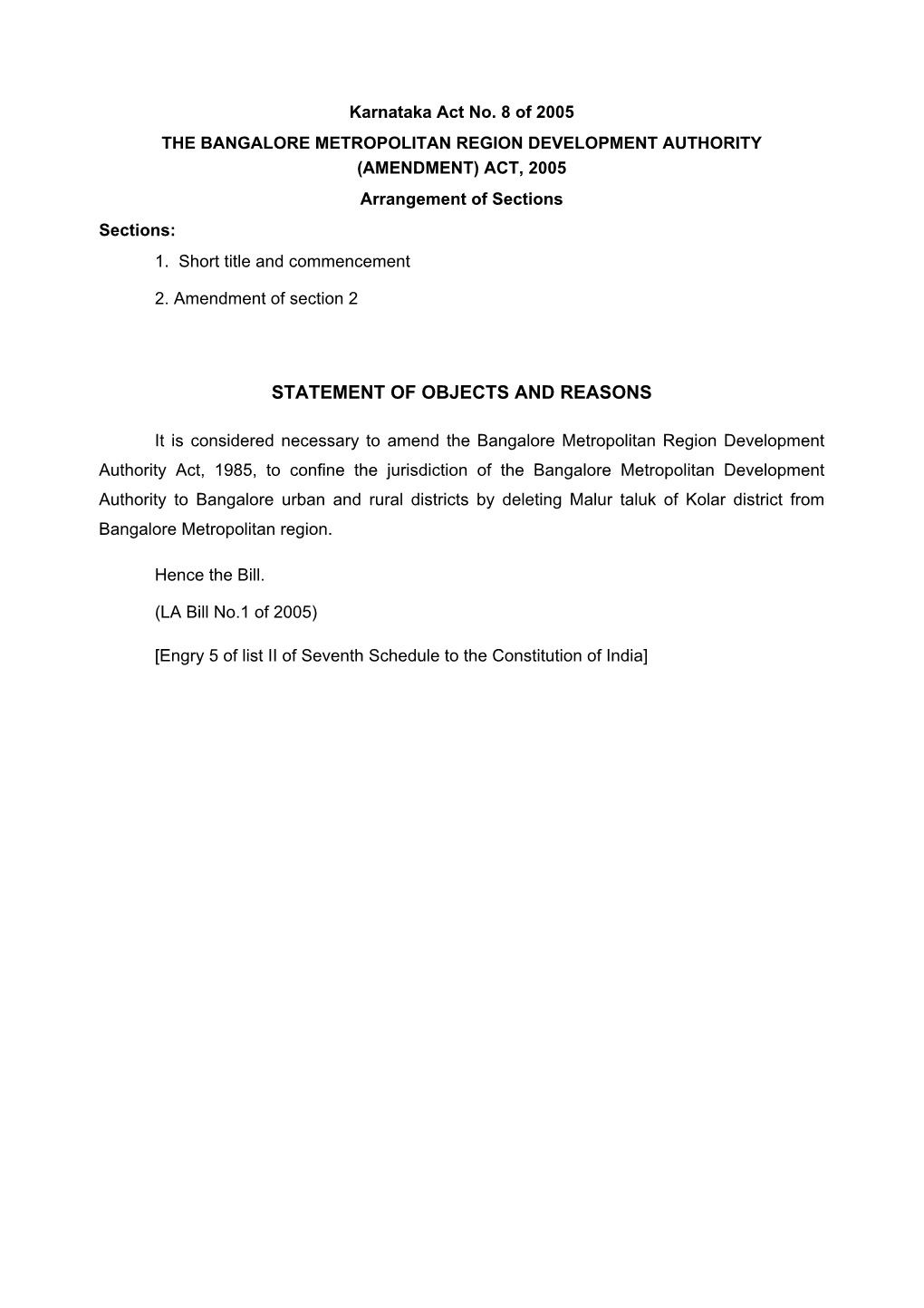 Karnataka Act No. 8 of 2005 the BANGALORE METROPOLITAN REGION DEVELOPMENT AUTHORITY (AMENDMENT) ACT, 2005 Arrangement of Sections Sections: 1