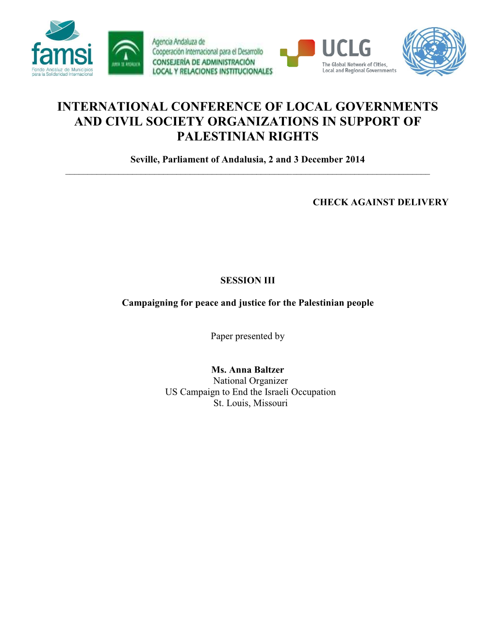 International Conference of Local Governments and Civil Society Organizations in Support of Palestinian Rights