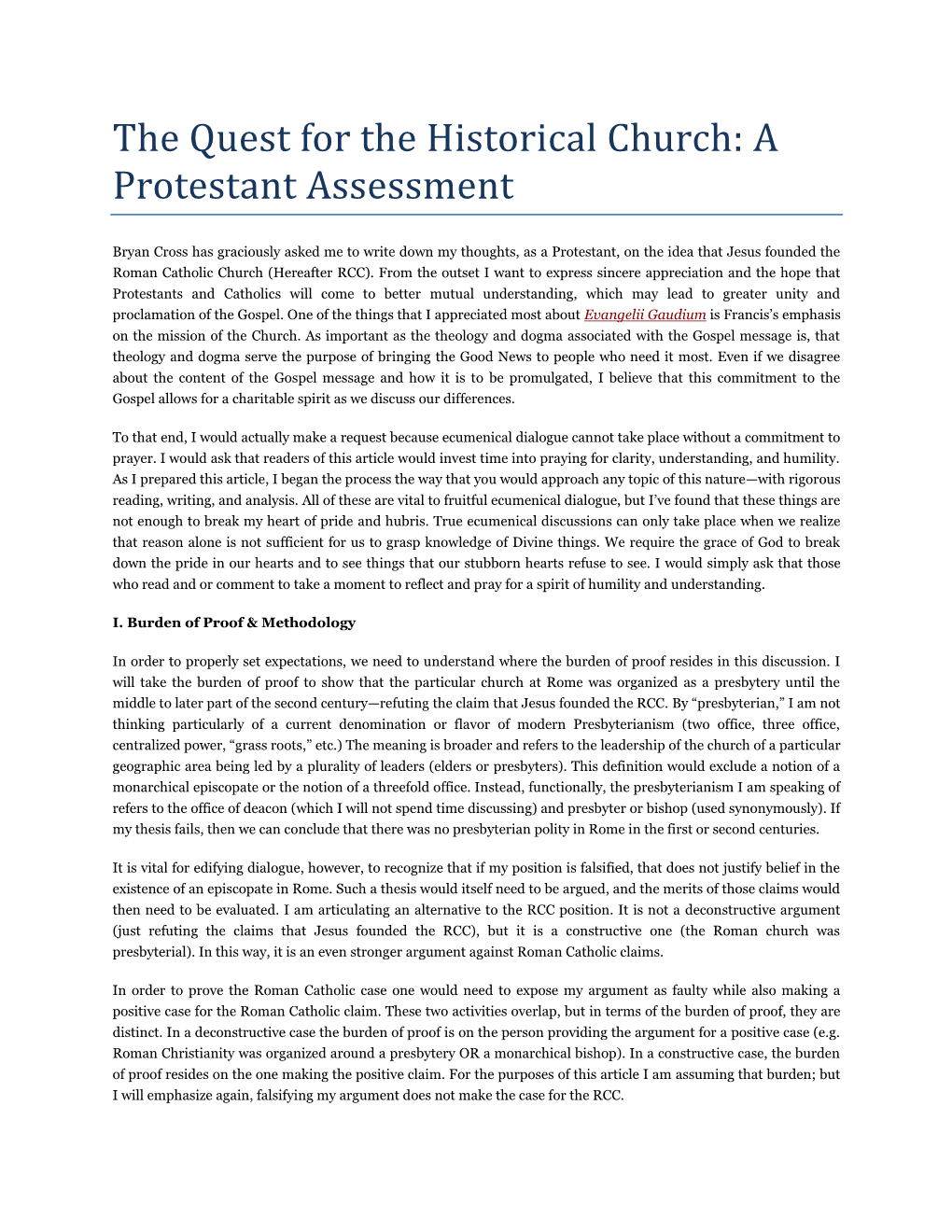 The Quest for the Historical Church: a Protestant Assessment