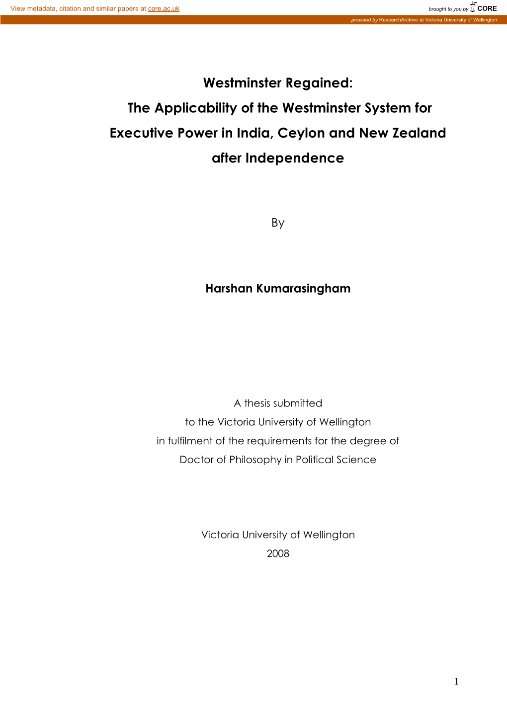 Westminster Regained: the Applicability of the Westminster System for Executive Power in India, Ceylon and New Zealand After