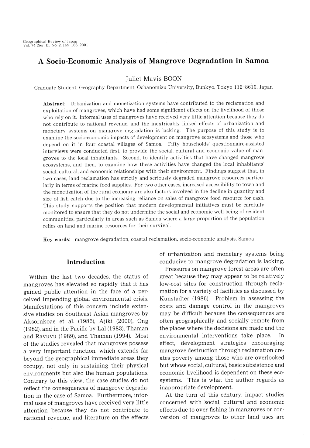 A Socio-Economic Analysis of Mangrove Degradation in Samoa