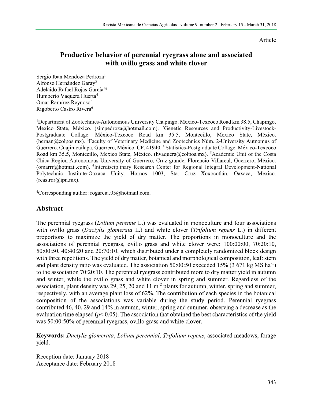 Productive Behavior of Perennial Ryegrass Alone and Associated with Ovillo Grass and White Clover