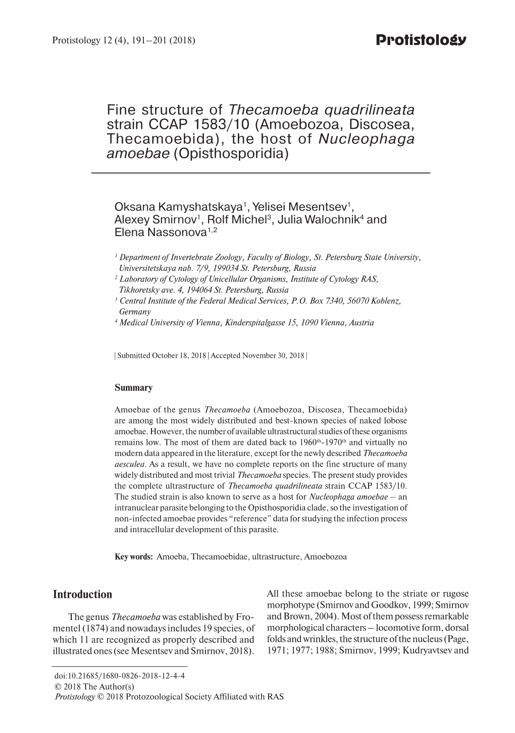 Protistology Fine Structure of Thecamoeba Quadrilineata Strain