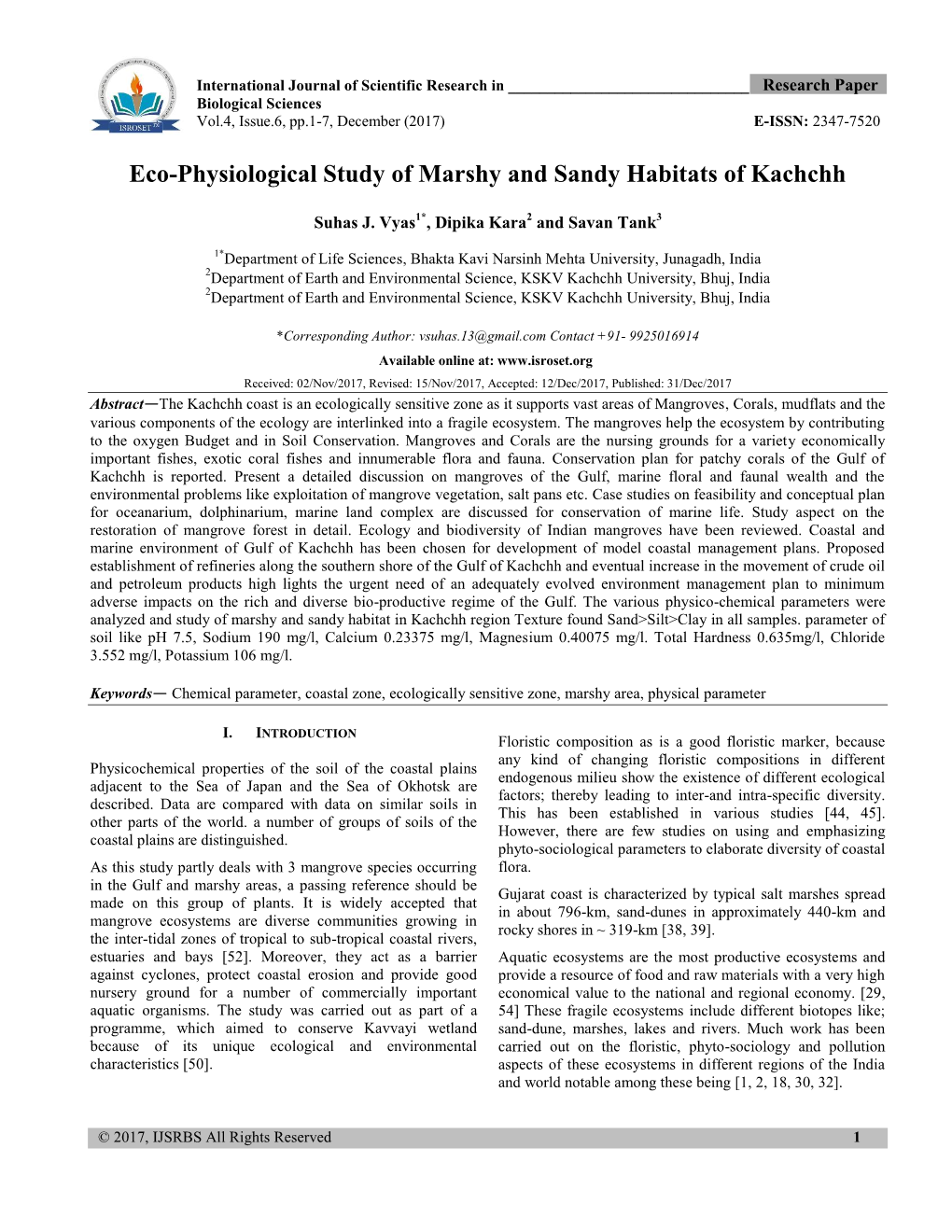 Eco-Physiological Study of Marshy and Sandy Habitats of Kachchh