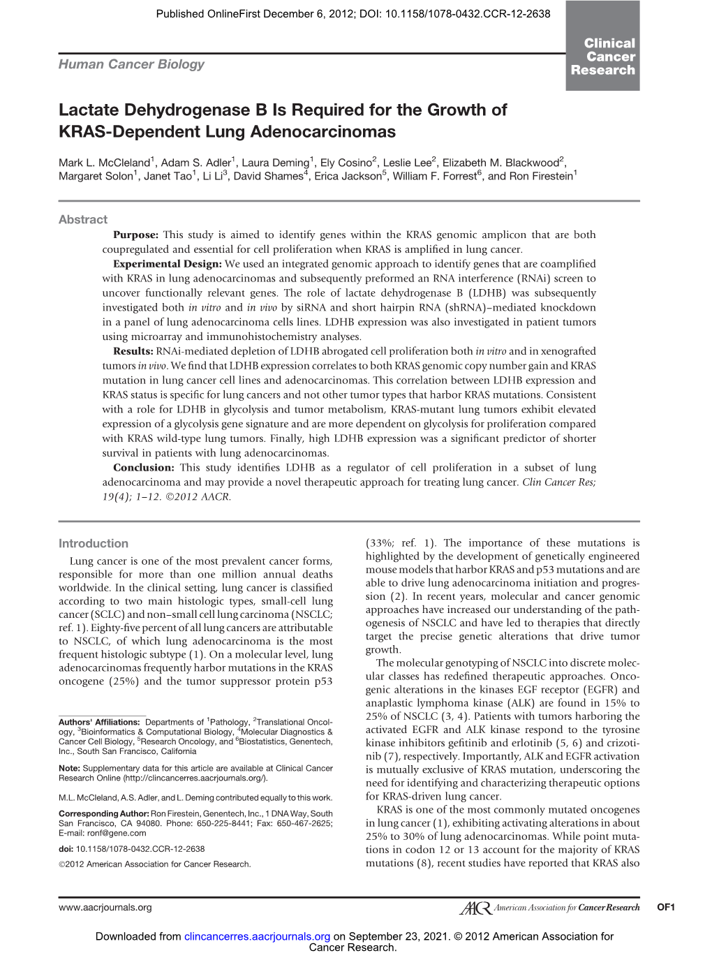 Lactate Dehydrogenase B Is Required for the Growth of KRAS-Dependent Lung Adenocarcinomas