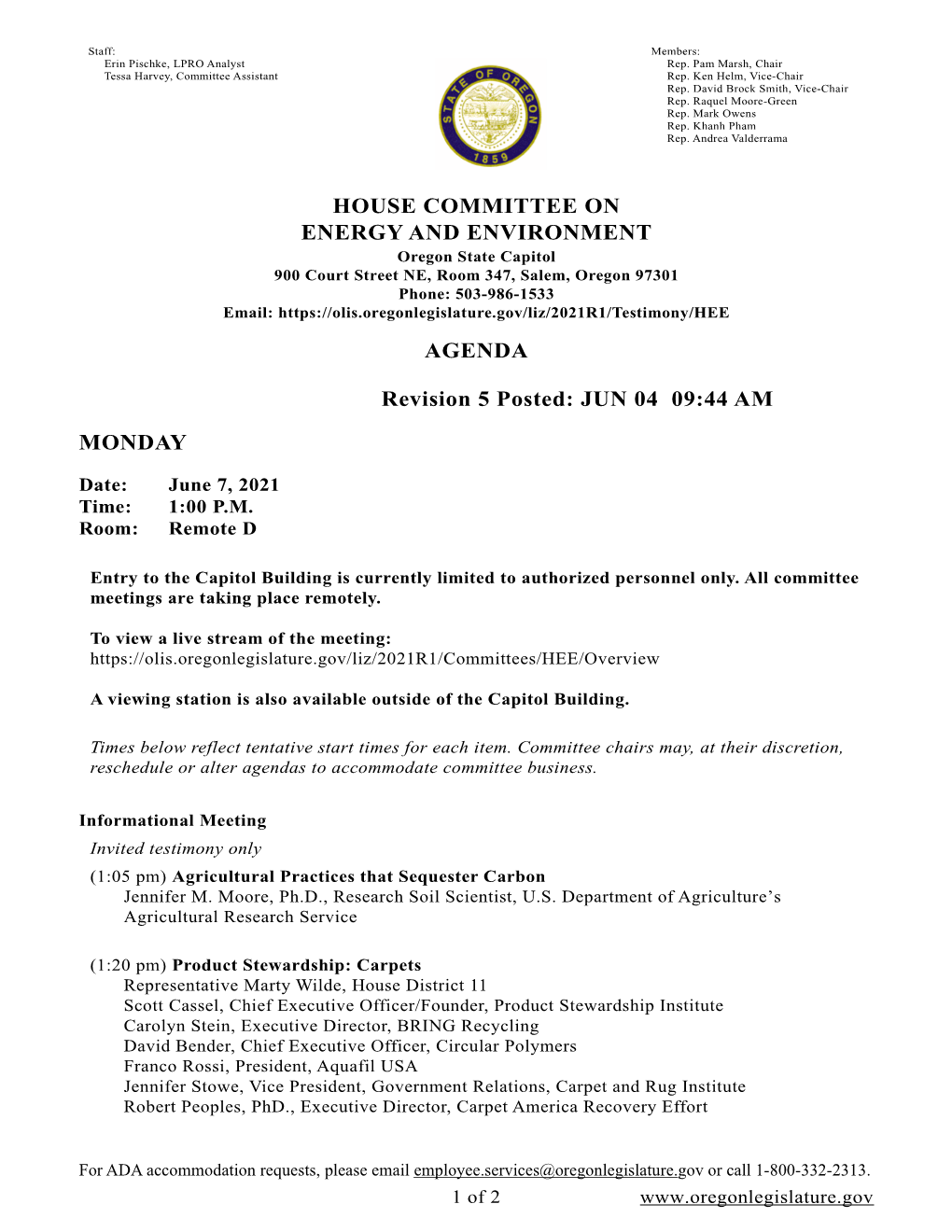 House Committee on Energy and Environment Agenda